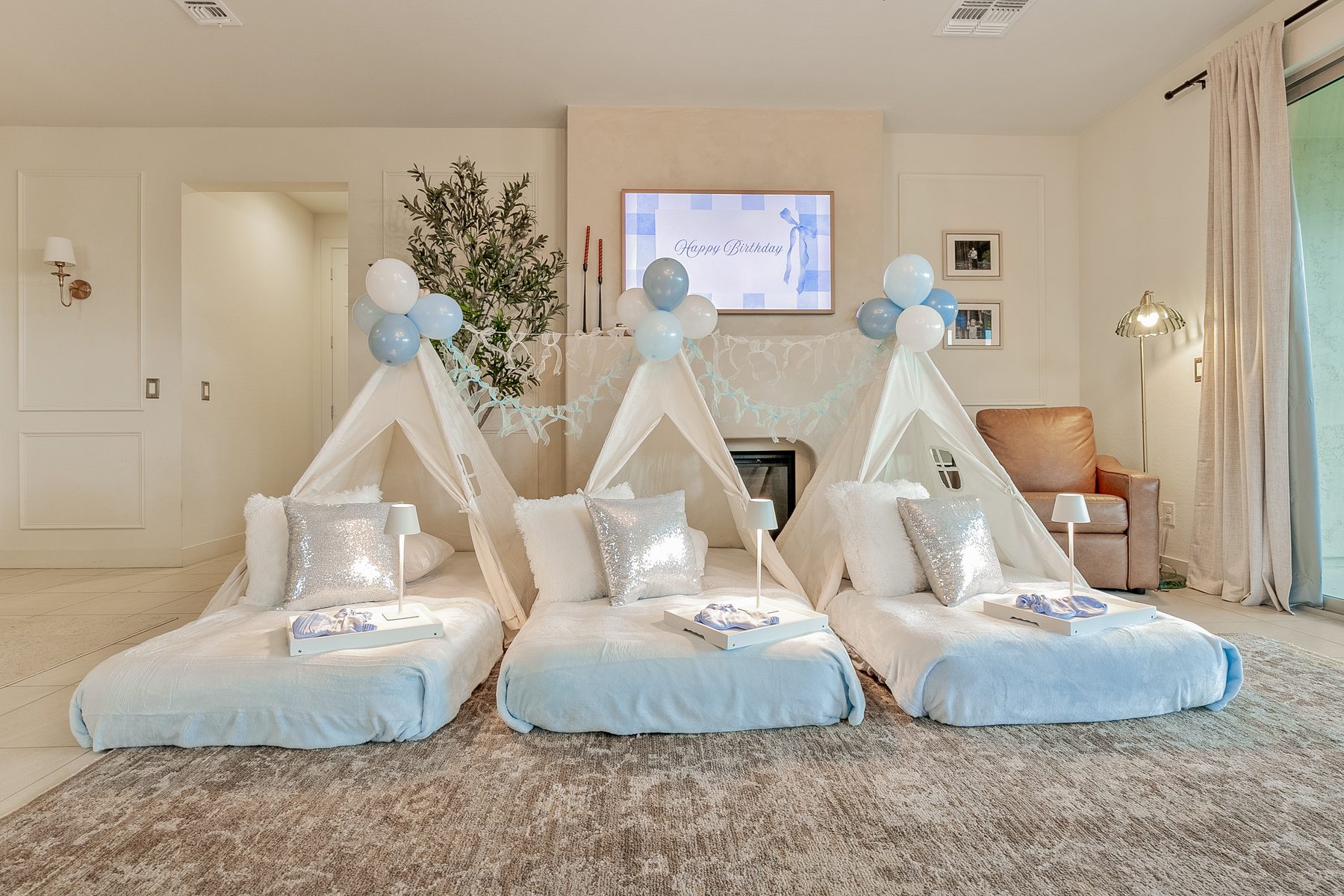 Bliss in Blue tent sleepover setup